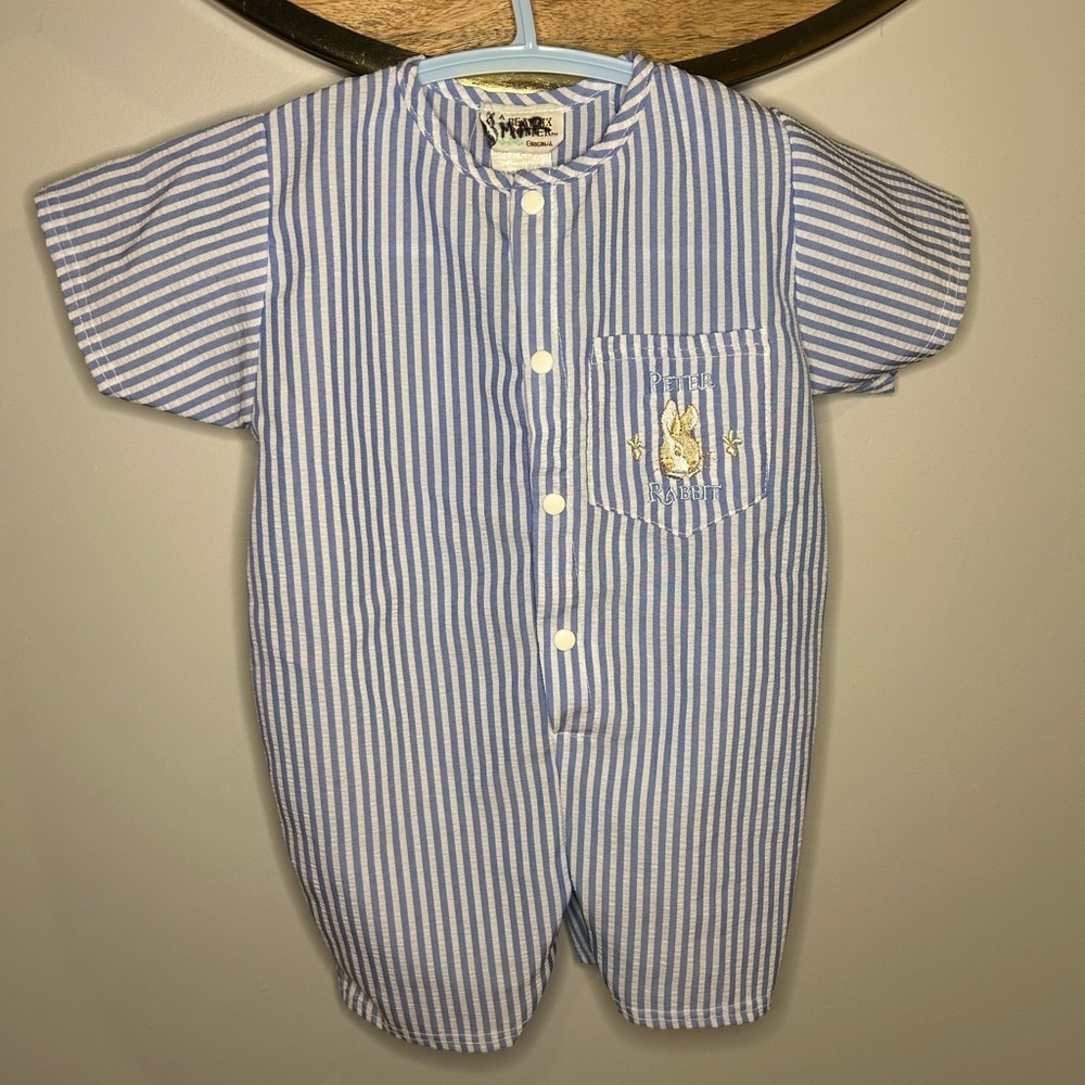 Beatrix Potter Collection By Beauty, Peter Rabbit Blue and White Striped Romper